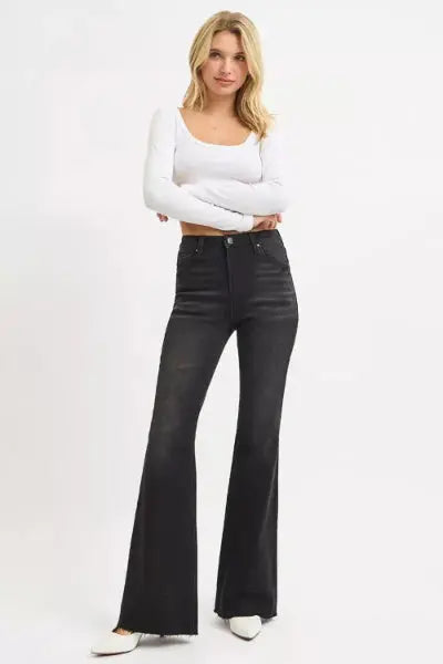 RISEN Full Size High Rise Flare Raw Cut Hem Jeans Plus Size.