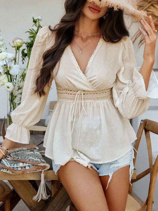 Devine Swiss Dot Lace Detail Surplice Flounce Sleeve Blouse.