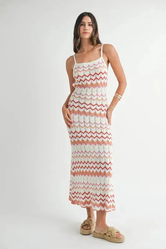 MABLE Lightweight Pointelle Chevron Knit Maxi Dress.