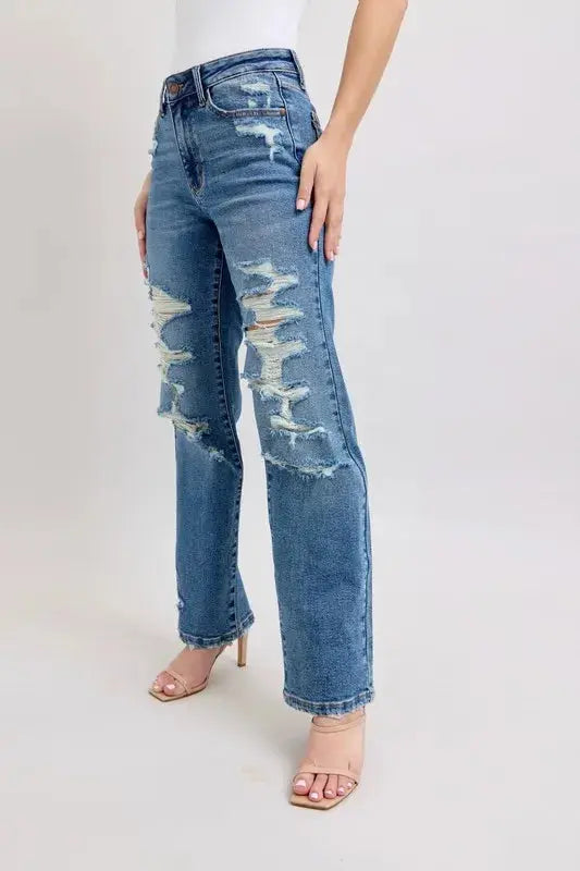 Judy Blue Full Size High Waist Heavy Destroy Straight Jeans Plus Size.