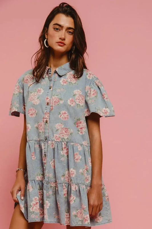 BiBi Floral Print Washed Lightweight Tiered Shirt Dress.