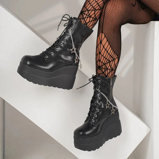 Lace Up Platform Wedge Boots.