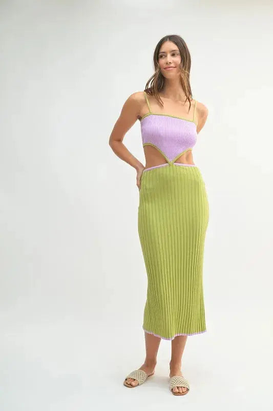 MABLE Ribbed Knit Color Block Cutout Midi Dress.