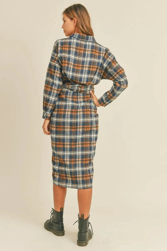 Mable Plaid Flannel Front Tie Button Down Shirt Dress.