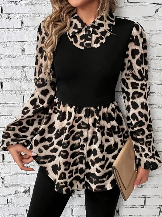 Leopard Collared Neck Balloon Sleeve Blouse.