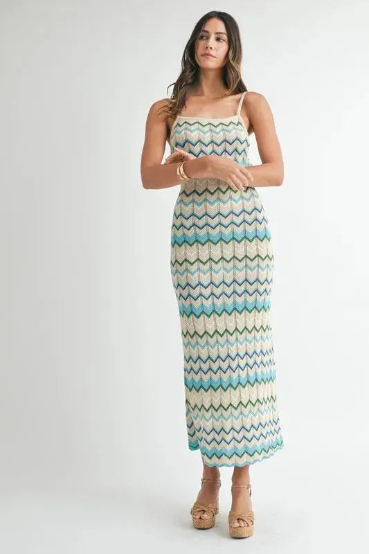 MABLE Lightweight Pointelle Chevron Knit Maxi Dress.