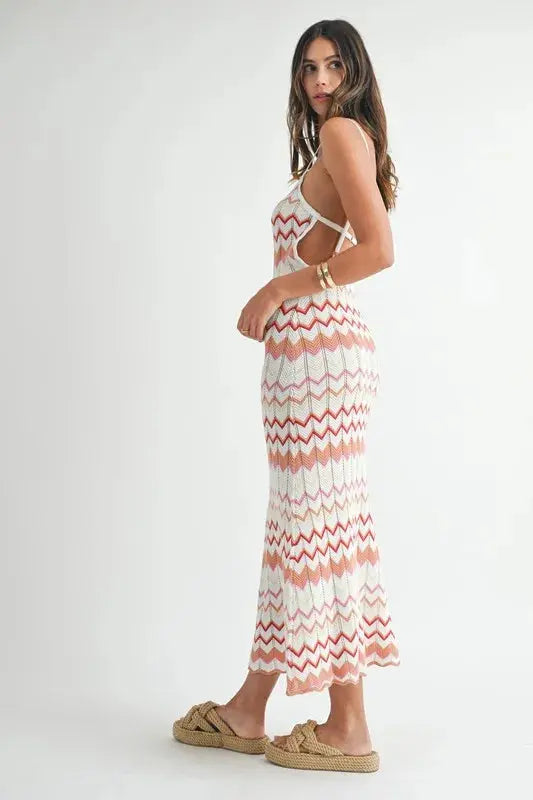 MABLE Lightweight Pointelle Chevron Knit Maxi Dress.