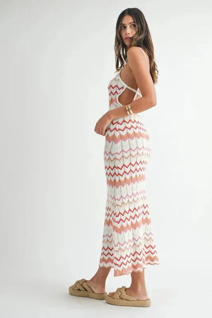 MABLE Lightweight Pointelle Chevron Knit Maxi Dress.