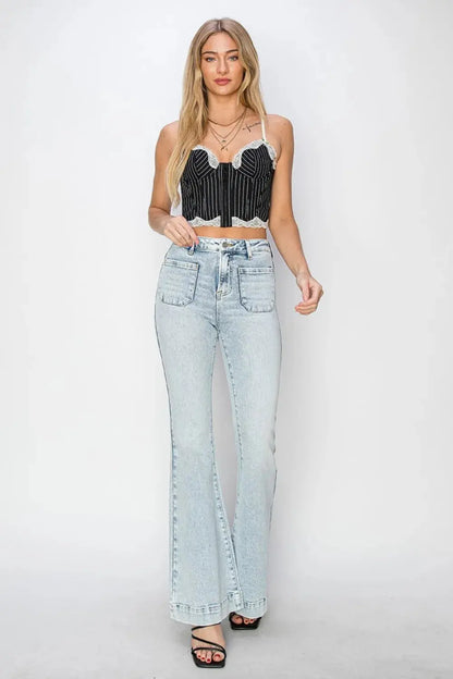 Risen Full Size High Rise Front Patch Pocket Flare Jeans.
