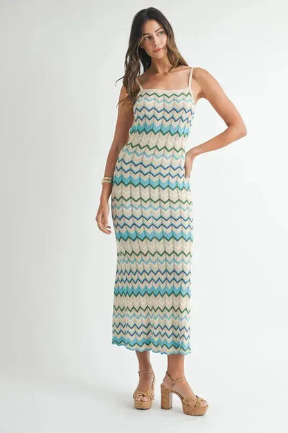 MABLE Lightweight Pointelle Chevron Knit Maxi Dress.