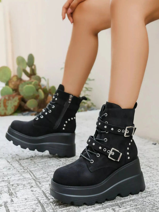 Lace Up Platform Wedge Boots.