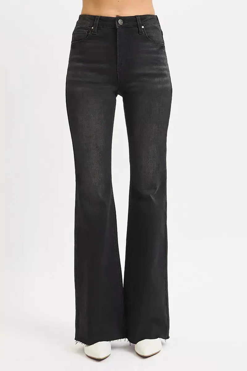 RISEN Full Size High Rise Flare Raw Cut Hem Jeans Plus Size.