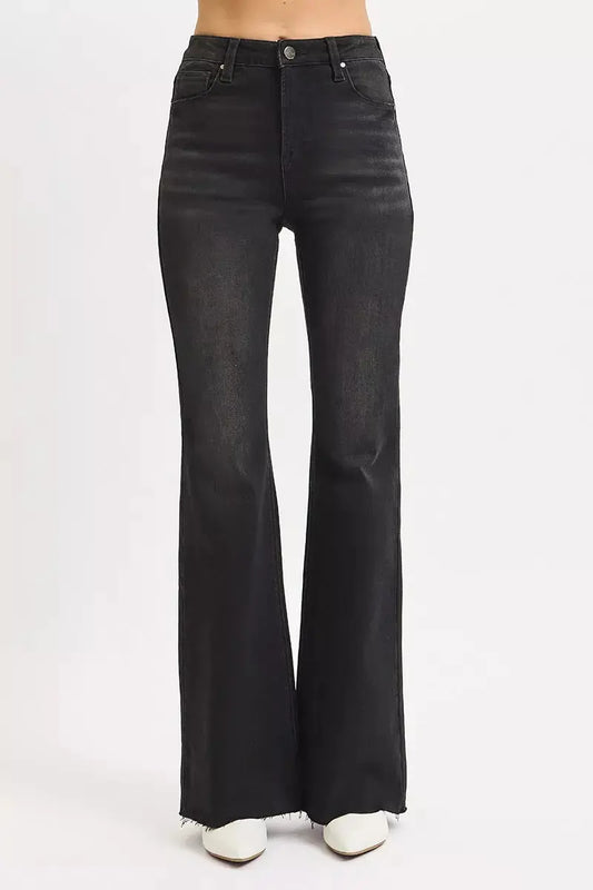 RISEN Full Size High Rise Flare Raw Cut Hem Jeans Plus Size.