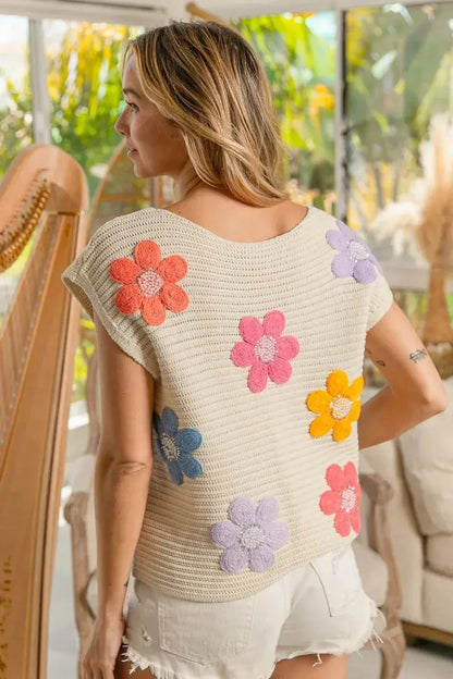 BiBi Multi Jeweled Crochet Flower Patch Sweater Vest.
