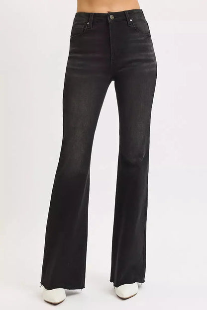 RISEN Full Size High Rise Flare Raw Cut Hem Jeans Plus Size.