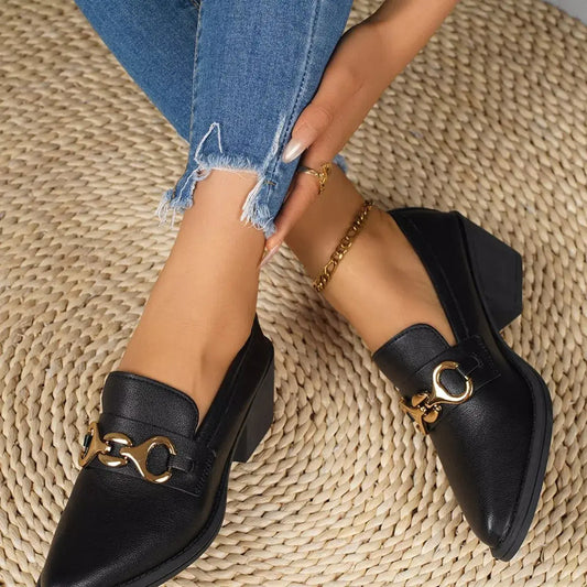 Point Toe Block Heels Loafers.