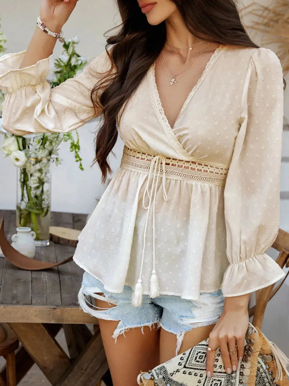 Devine Swiss Dot Lace Detail Surplice Flounce Sleeve Blouse.