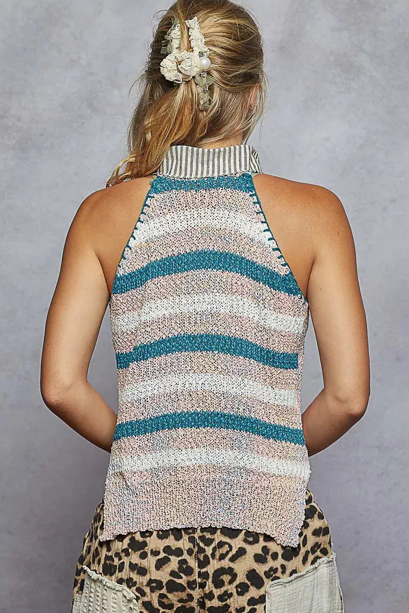 POL Striped Collar Sweater Vest with Star Patch.