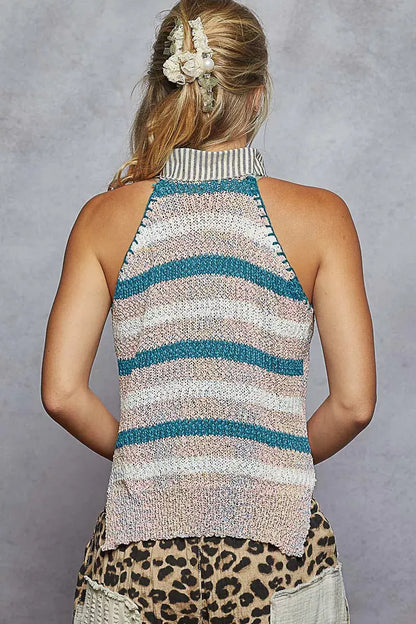 POL Striped Collar Sweater Vest with Star Patch.