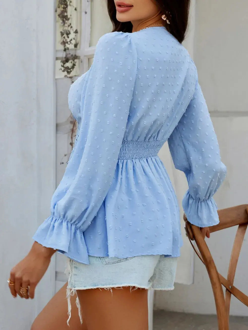 Devine Swiss Dot Lace Detail Surplice Flounce Sleeve Blouse.