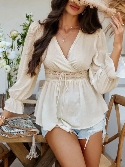 Devine Swiss Dot Lace Detail Surplice Flounce Sleeve Blouse.