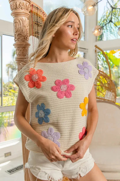 BiBi Multi Jeweled Crochet Flower Patch Sweater Vest.