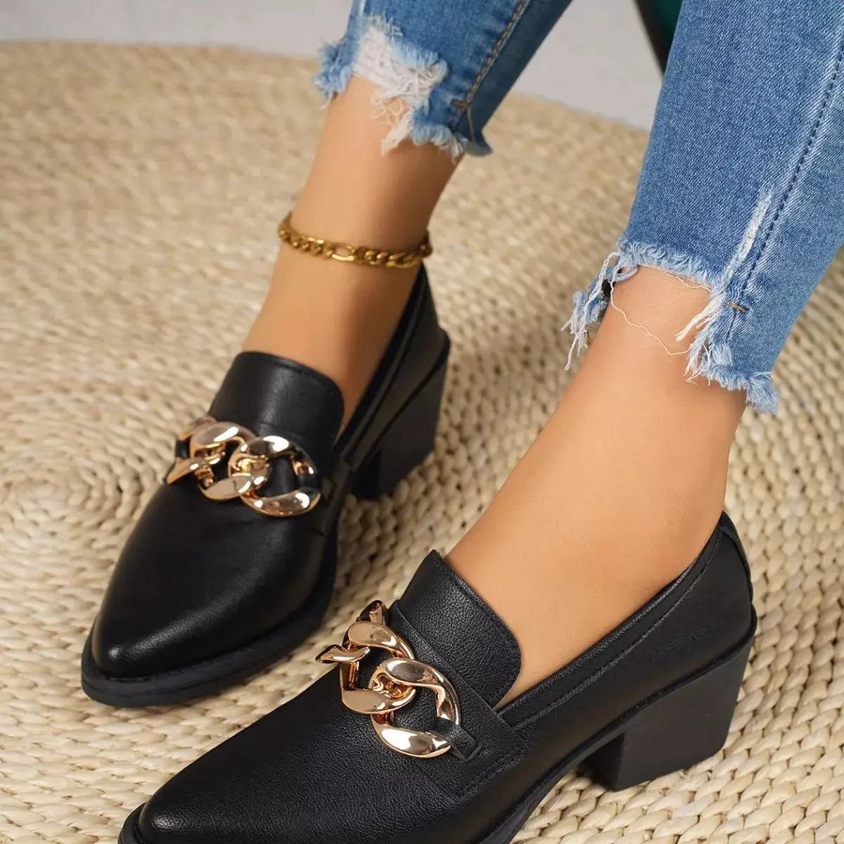Point Toe Block Heels Loafers.