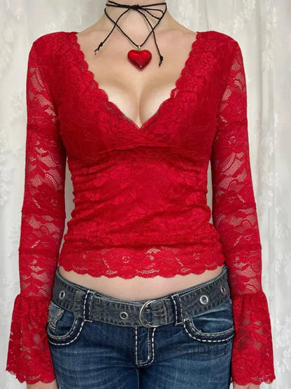 Lace Surplice Long Sleeve Blouse.