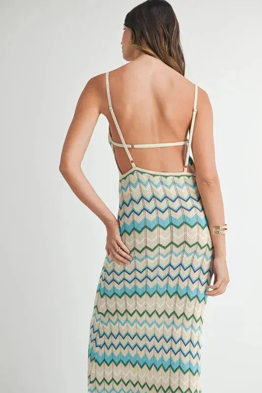 MABLE Lightweight Pointelle Chevron Knit Maxi Dress.