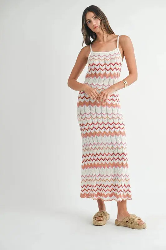 MABLE Lightweight Pointelle Chevron Knit Maxi Dress.