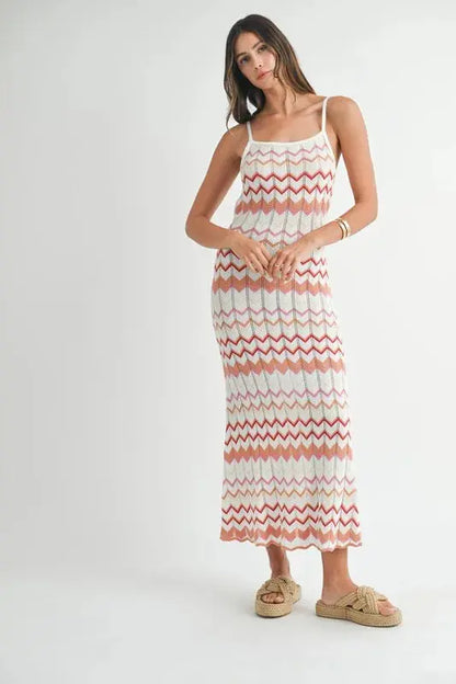 MABLE Lightweight Pointelle Chevron Knit Maxi Dress.