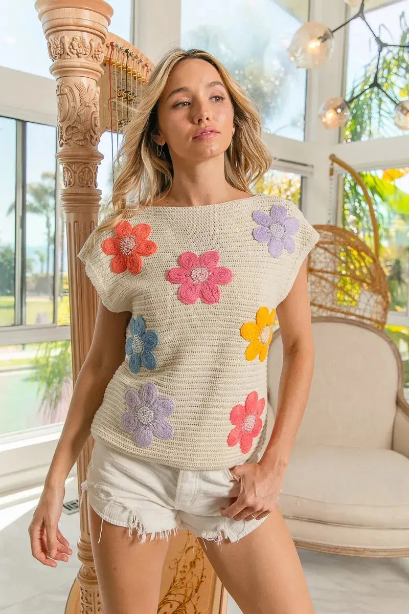 BiBi Multi Jeweled Crochet Flower Patch Sweater Vest.