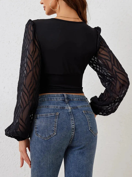 Lace Patchwork Plunge Long Sleeve Blouse.