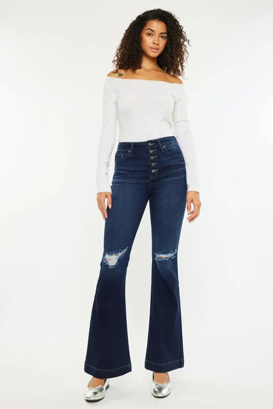Kancan Button Fly High Rise Distressed Flare Jeans.