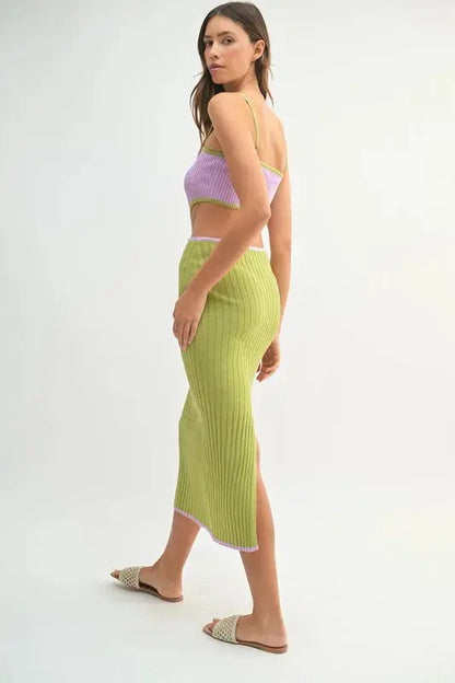 MABLE Ribbed Knit Color Block Cutout Midi Dress.