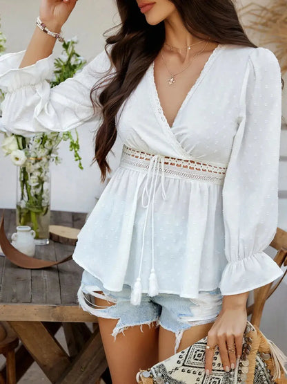 Devine Swiss Dot Lace Detail Surplice Flounce Sleeve Blouse.