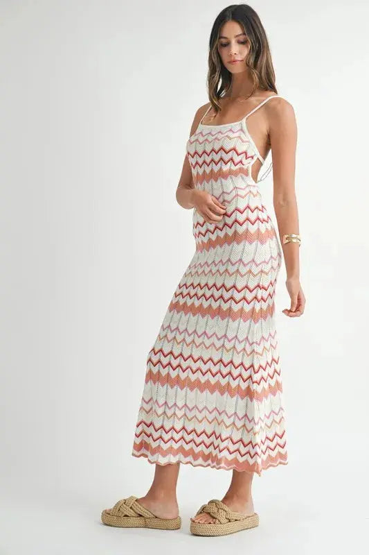 MABLE Lightweight Pointelle Chevron Knit Maxi Dress.