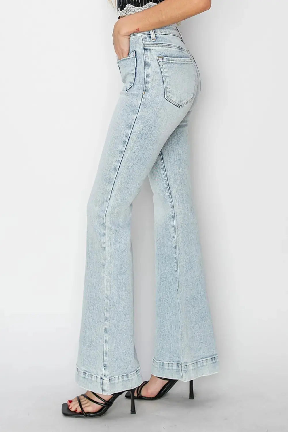 Risen Full Size High Rise Front Patch Pocket Flare Jeans.