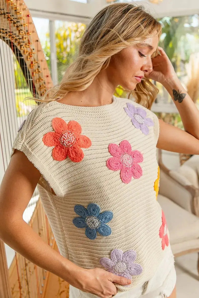 BiBi Multi Jeweled Crochet Flower Patch Sweater Vest.