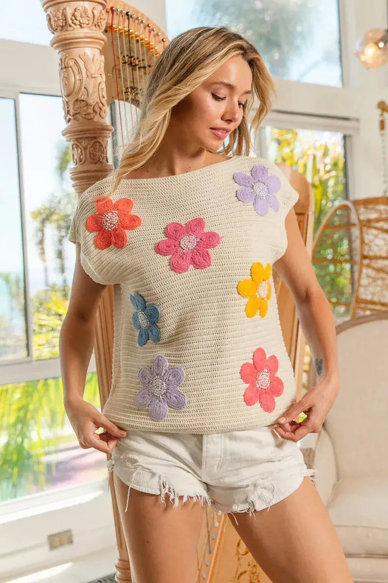 BiBi Multi Jeweled Crochet Flower Patch Sweater Vest.