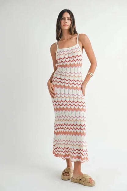 MABLE Lightweight Pointelle Chevron Knit Maxi Dress.