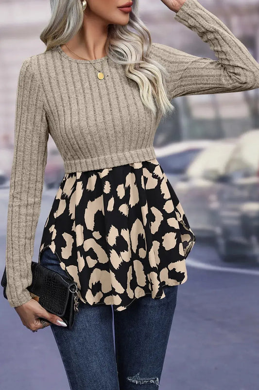 Ivy Lane Leopard Peplum Round Neck Blouse.