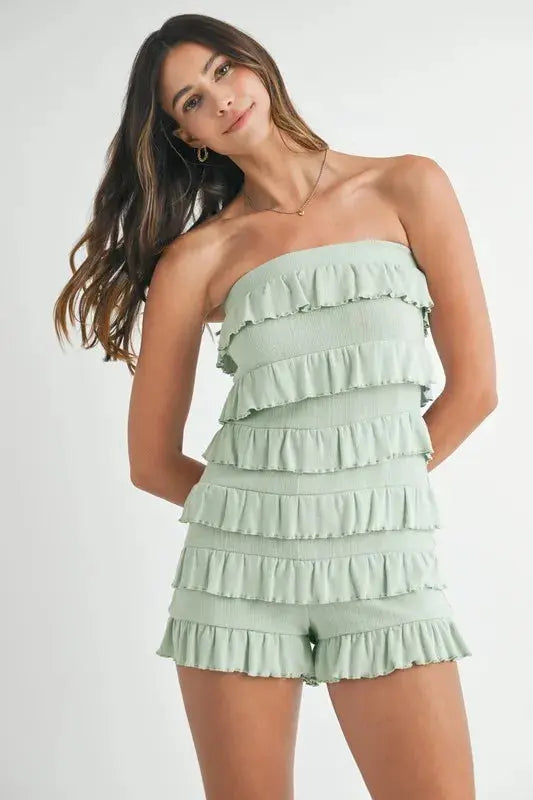 MABLE Pointelle Knit Fabric Ruffled Tube Romper.
