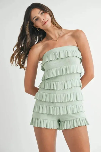 MABLE Pointelle Knit Fabric Ruffled Tube Romper.