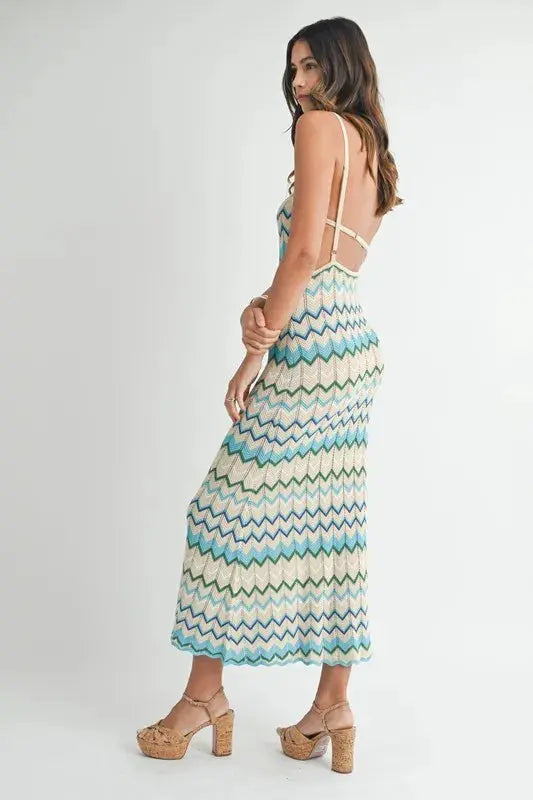 MABLE Lightweight Pointelle Chevron Knit Maxi Dress.