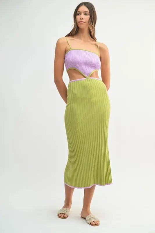 MABLE Ribbed Knit Color Block Cutout Midi Dress.
