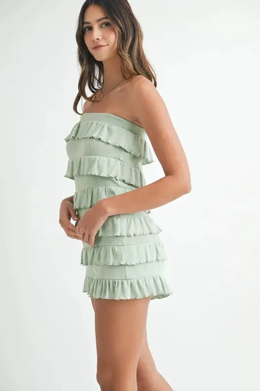 MABLE Pointelle Knit Fabric Ruffled Tube Romper.