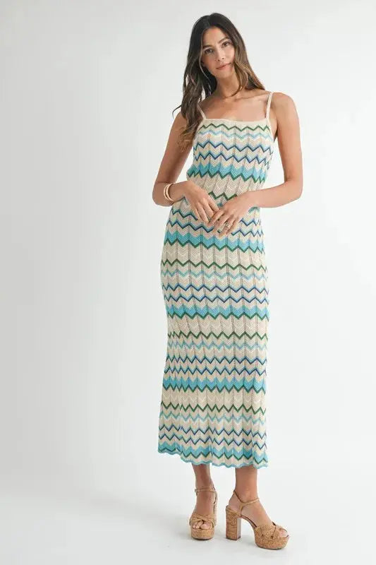 MABLE Lightweight Pointelle Chevron Knit Maxi Dress.