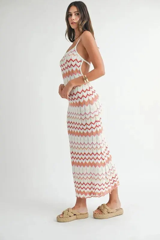 MABLE Lightweight Pointelle Chevron Knit Maxi Dress.
