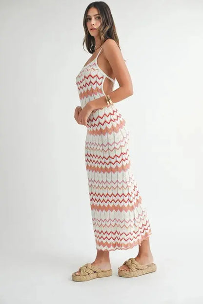 MABLE Lightweight Pointelle Chevron Knit Maxi Dress.